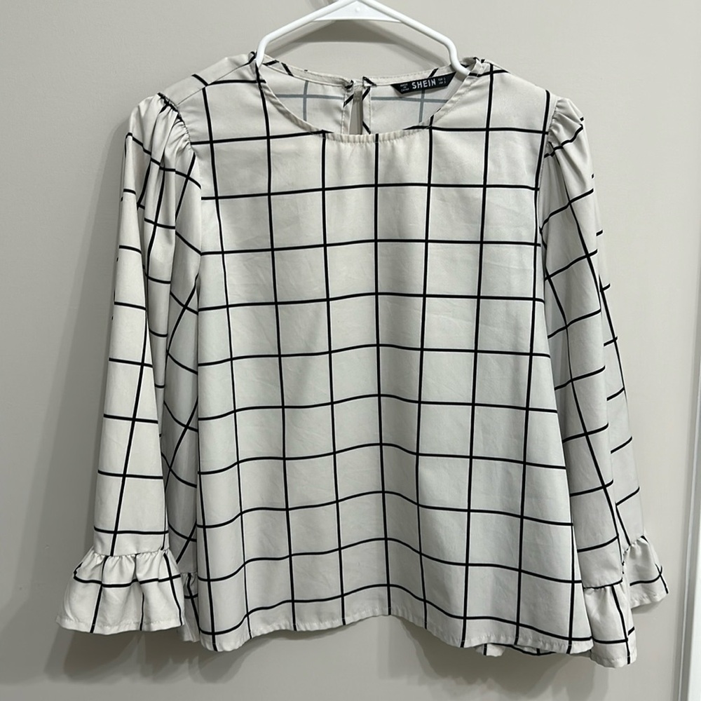 SHEIN ruffled bell sleeve windowpane blouse